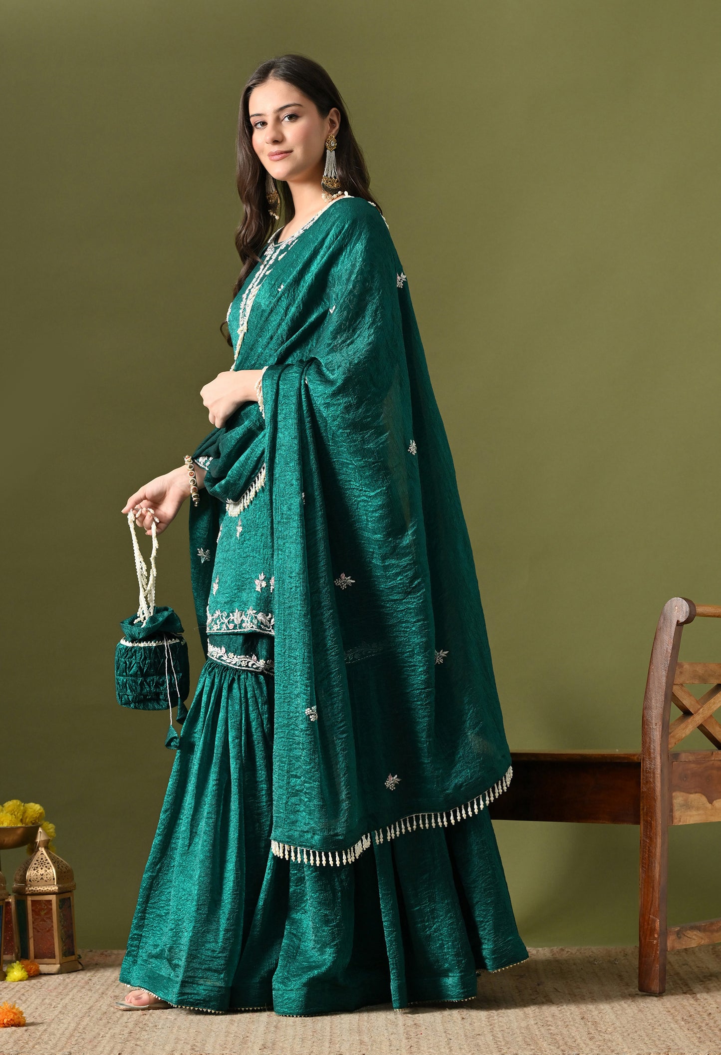 Green Crushed Silk Zardozi–Pearl–Sequin Sharara Set