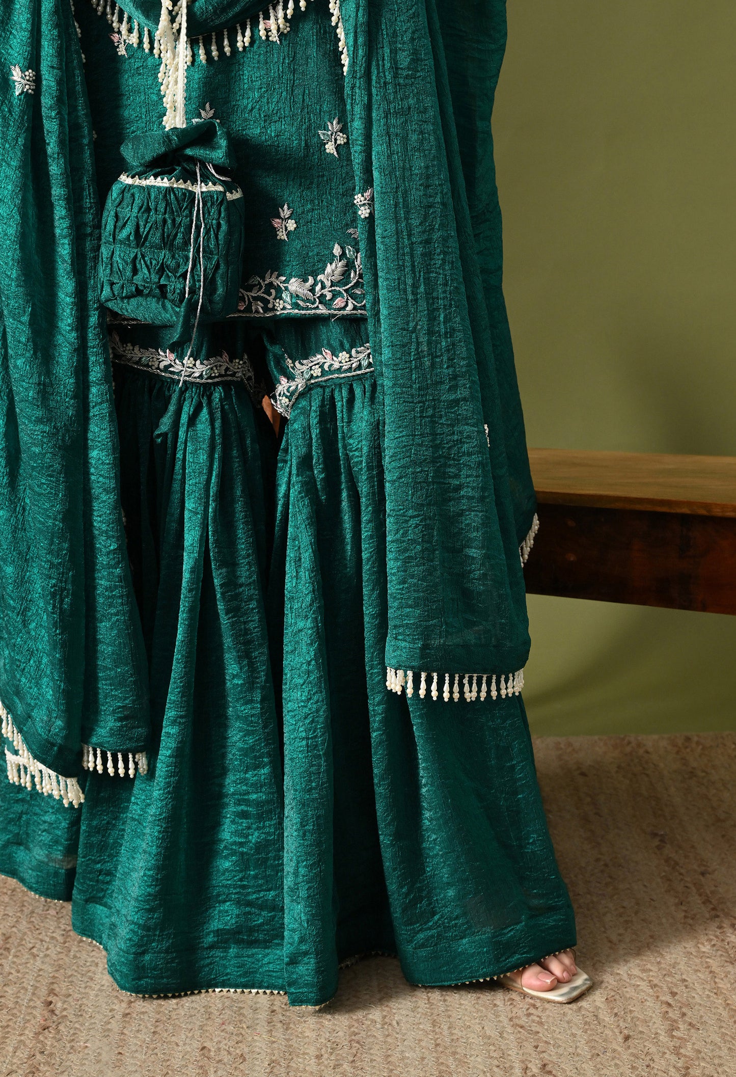 Green Crushed Silk Zardozi–Pearl–Sequin Sharara Set