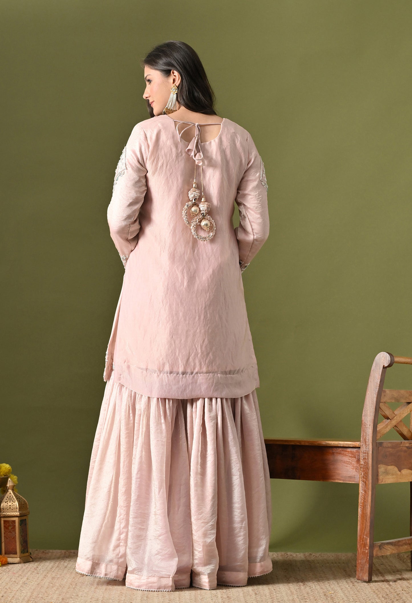 Baby Pink Glass Silk Zardozi–Pearl–Sequin Sharara Set