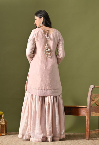 Baby Pink Glass Silk Zardozi–Pearl–Sequin Sharara Set