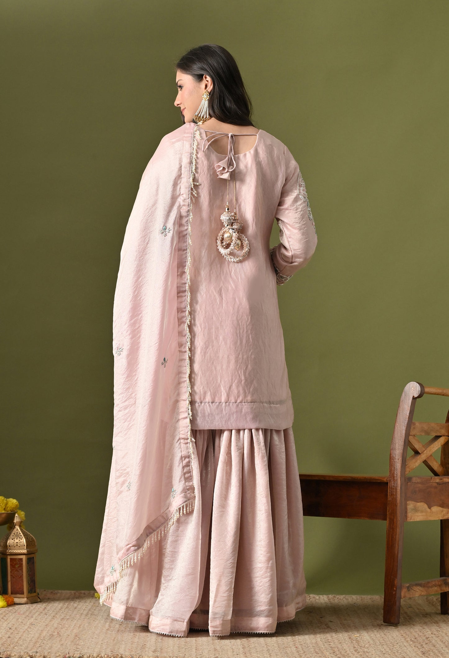 Baby Pink Glass Silk Zardozi–Pearl–Sequin Sharara Set