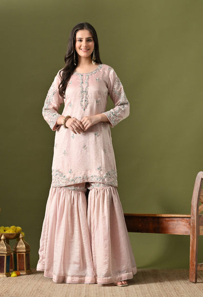 Baby Pink Glass Silk Zardozi–Pearl–Sequin Sharara Set