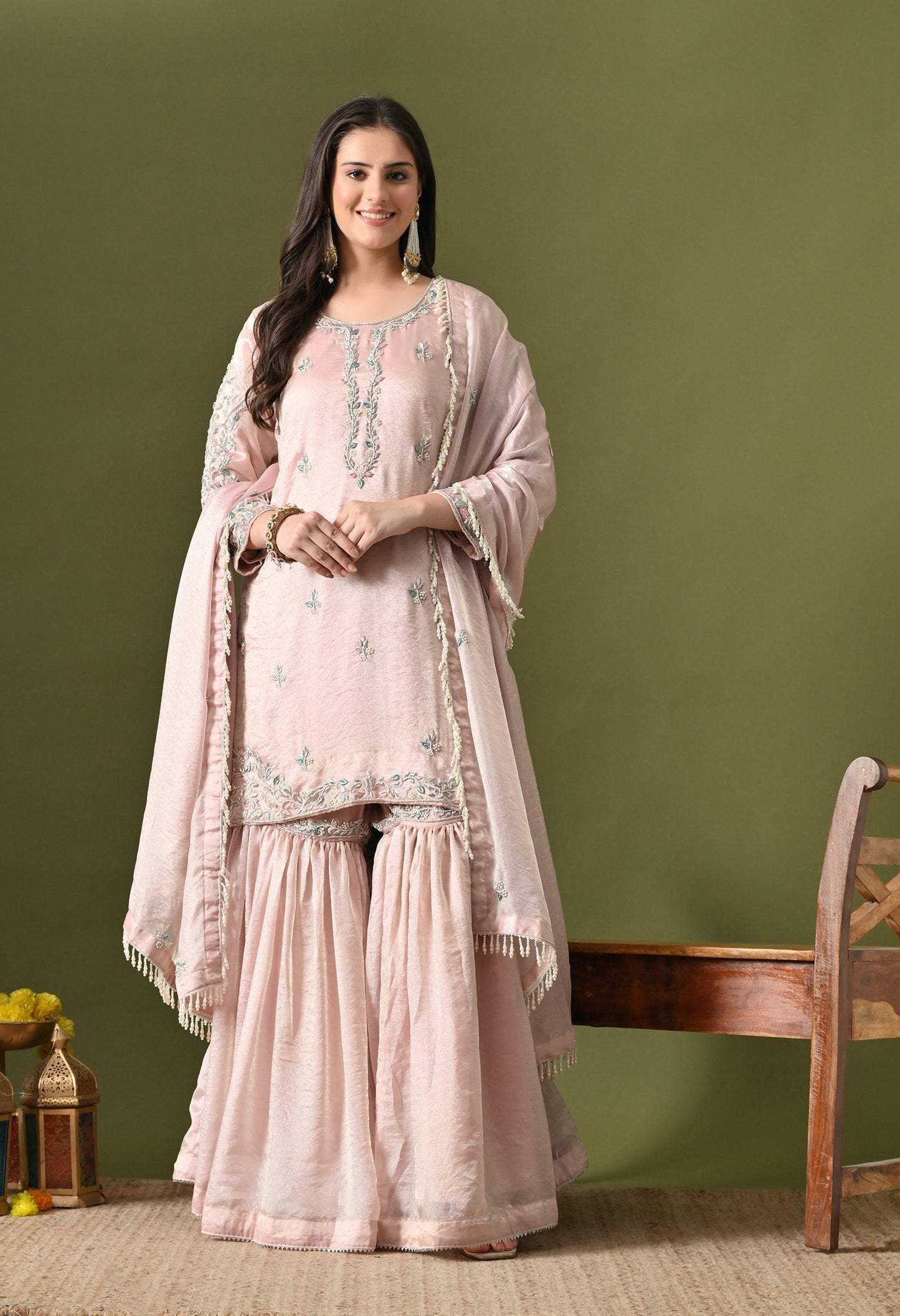 Baby Pink Glass Silk Zardozi–Pearl–Sequin Sharara Set