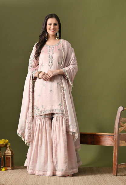 Baby Pink Glass Silk Zardozi–Pearl–Sequin Sharara Set