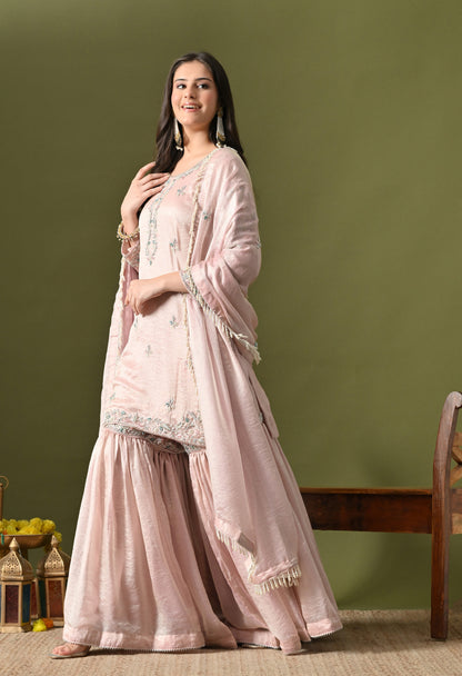 Baby Pink Glass Silk Zardozi–Pearl–Sequin Sharara Set