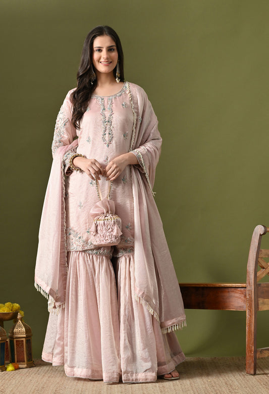 Baby Pink Glass Silk Zardozi–Pearl–Sequin Sharara Set