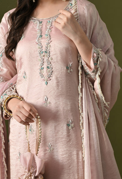 Baby Pink Glass Silk Zardozi–Pearl–Sequin Sharara Set