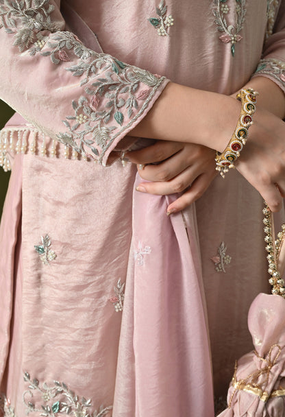 Baby Pink Glass Silk Zardozi–Pearl–Sequin Sharara Set