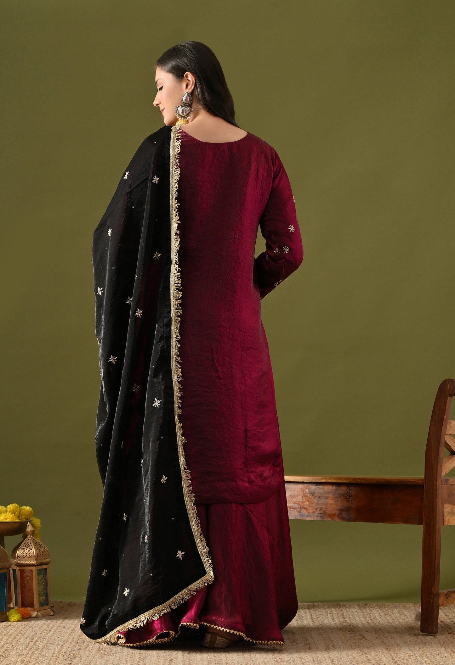 Wine Glass Silk Zardozi–Sequin Sharara Set