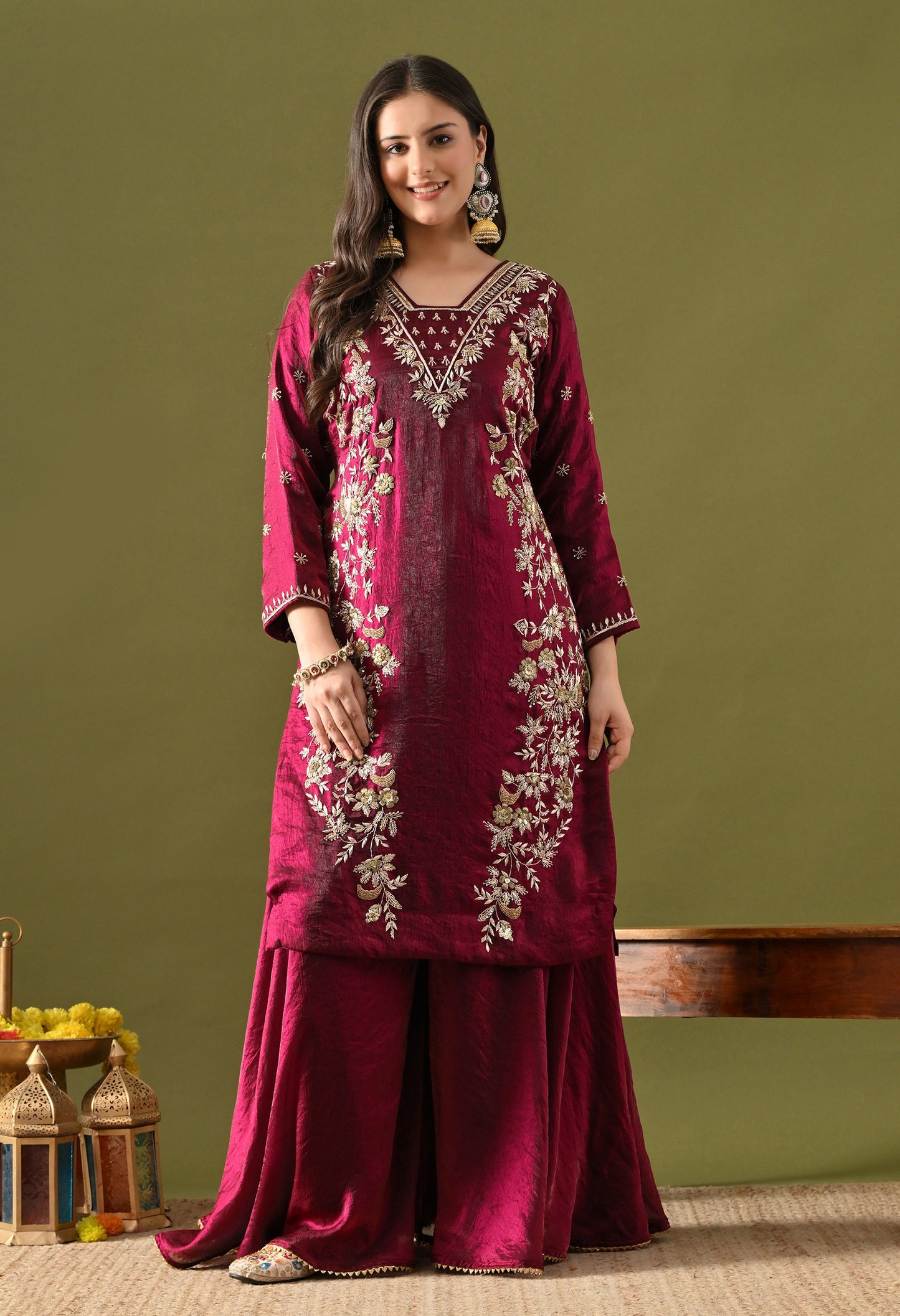 Wine Glass Silk Zardozi–Sequin Sharara Set