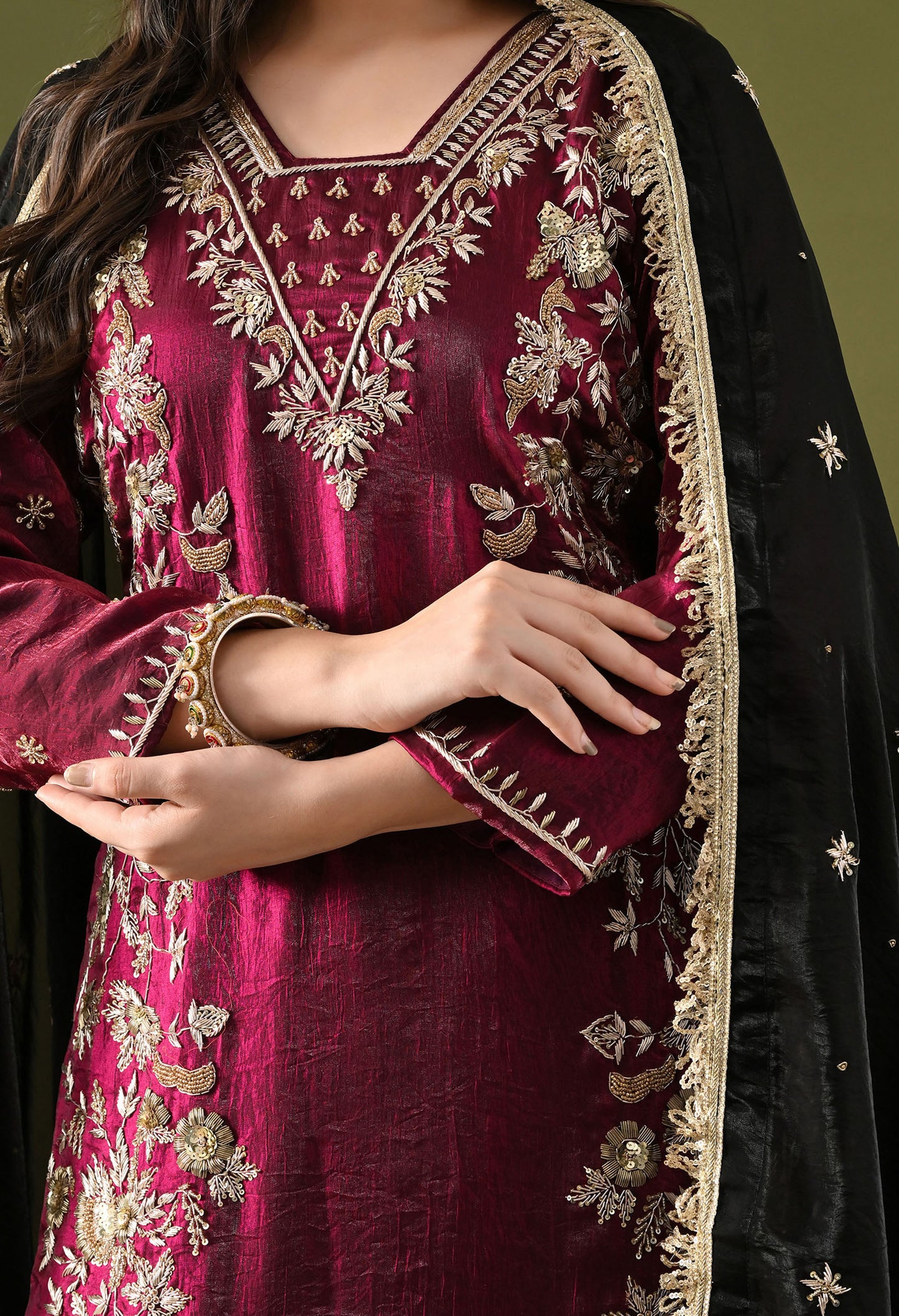 Wine Glass Silk Zardozi–Sequin Sharara Set