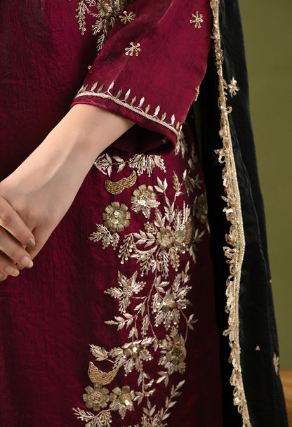 Wine Glass Silk Zardozi–Sequin Sharara Set