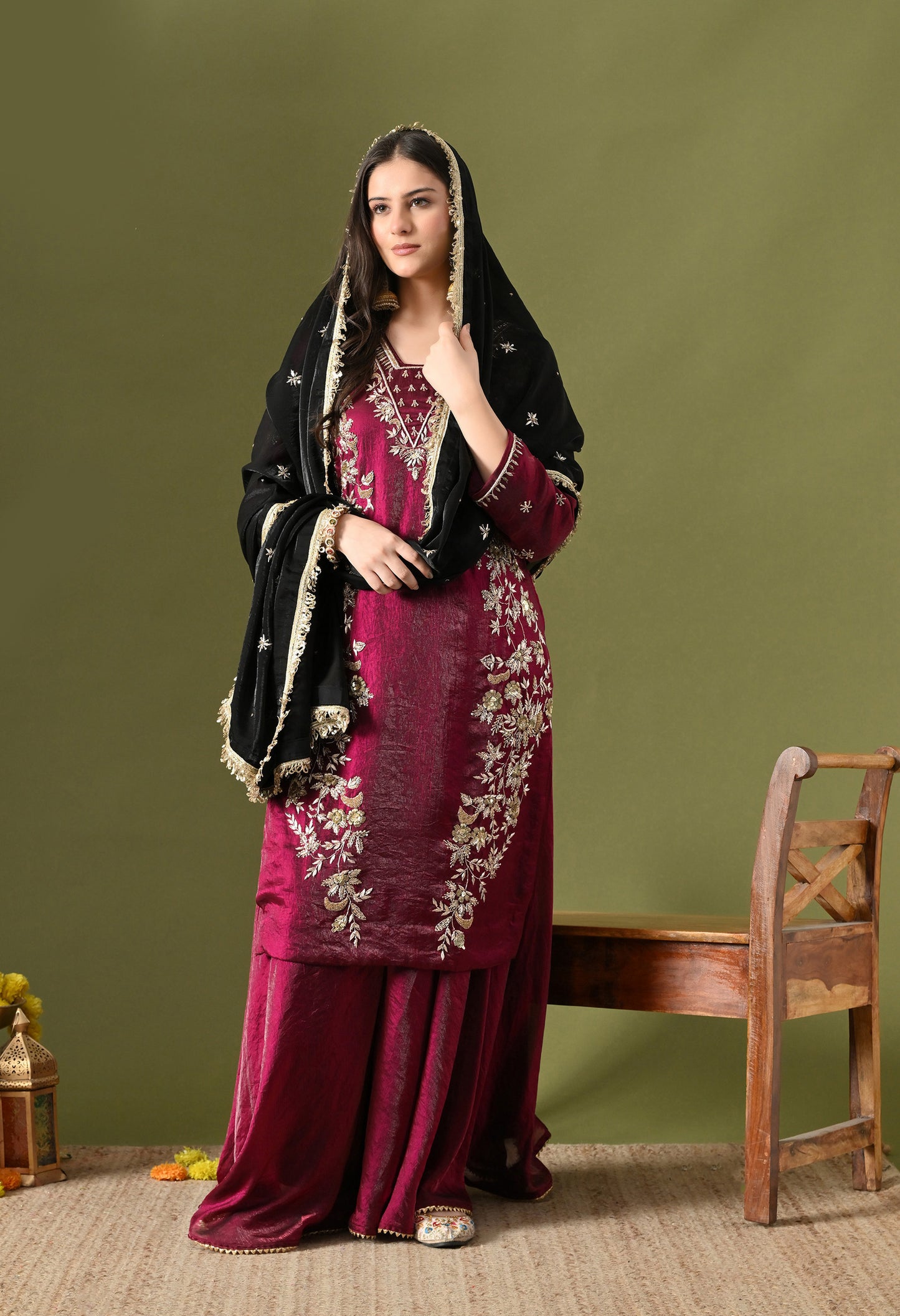Wine Glass Silk Zardozi–Sequin Sharara Set