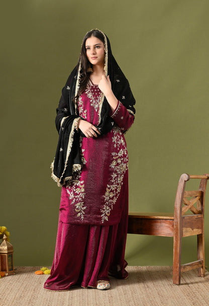 Wine Glass Silk Zardozi–Sequin Sharara Set