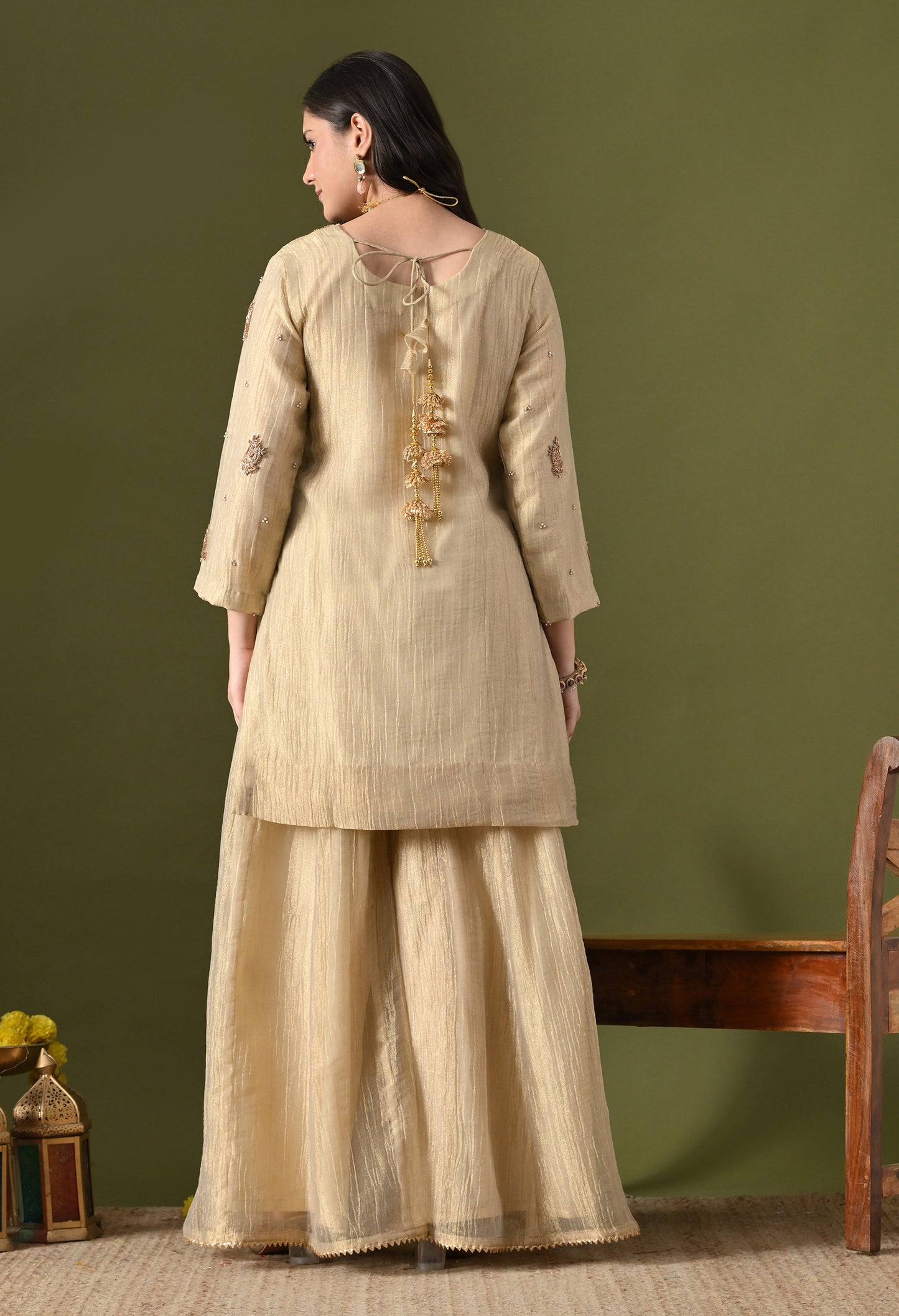 Golden Crushed Tissue & Glass Silk Zardozi–Sequin–Pearl Sharara Set