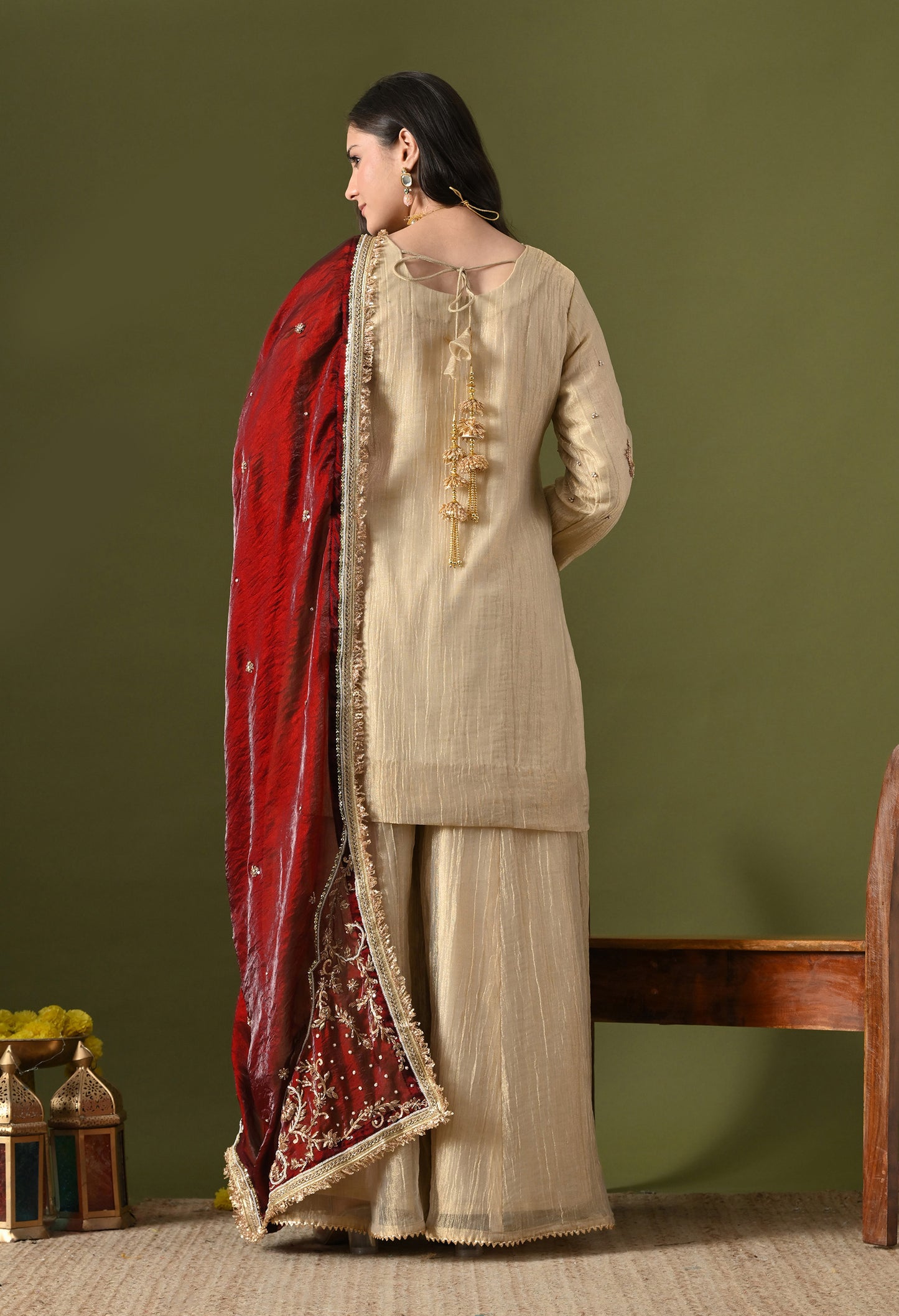 Golden Crushed Tissue & Glass Silk Zardozi–Sequin–Pearl Sharara Set