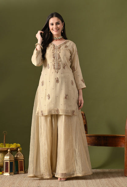 Golden Crushed Tissue & Glass Silk Zardozi–Sequin–Pearl Sharara Set