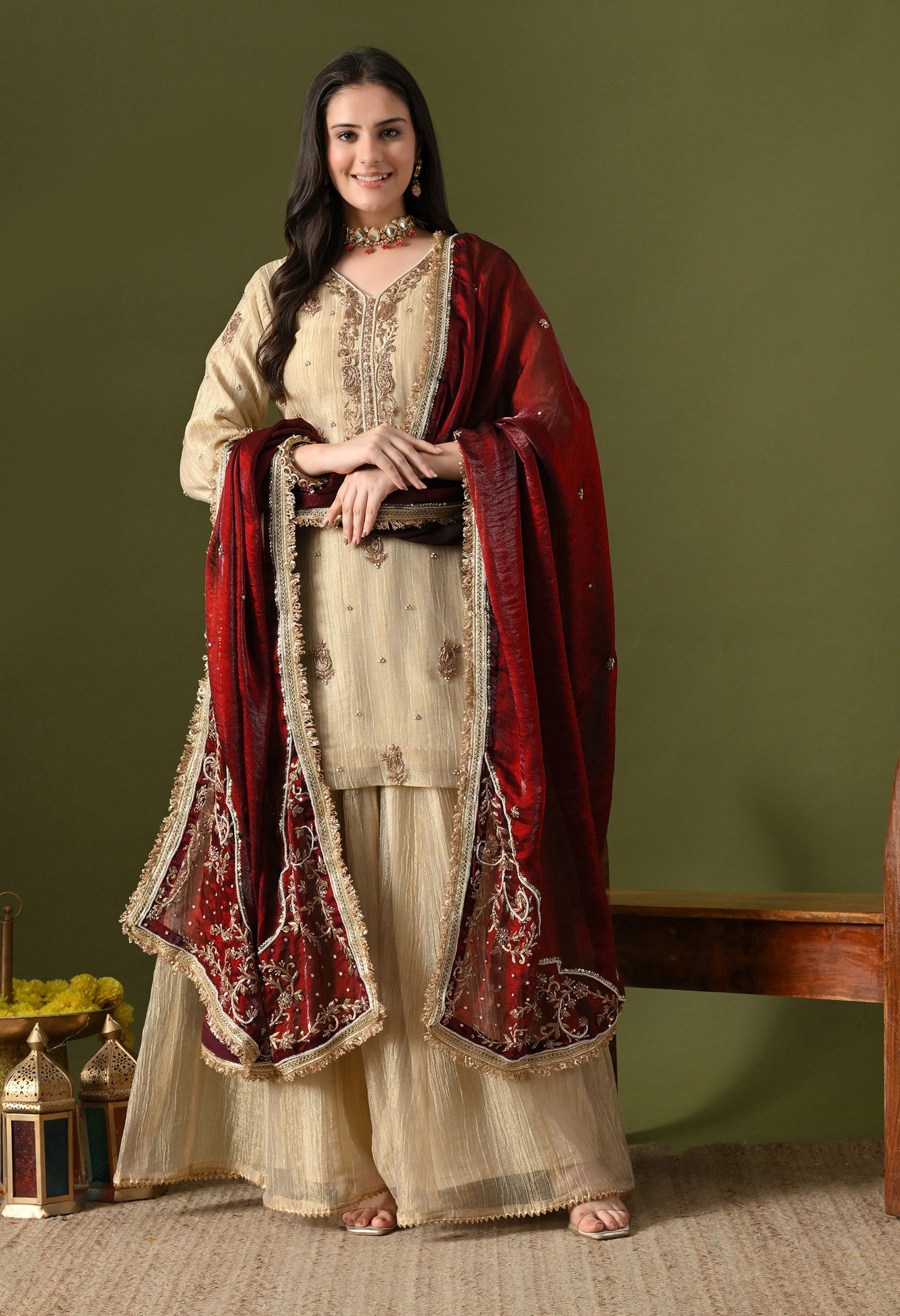 Golden Crushed Tissue & Glass Silk Zardozi–Sequin–Pearl Sharara Set