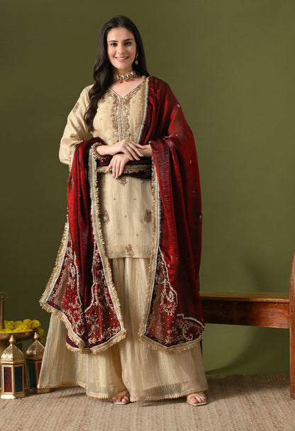 Golden Crushed Tissue & Glass Silk Zardozi–Sequin–Pearl Sharara Set