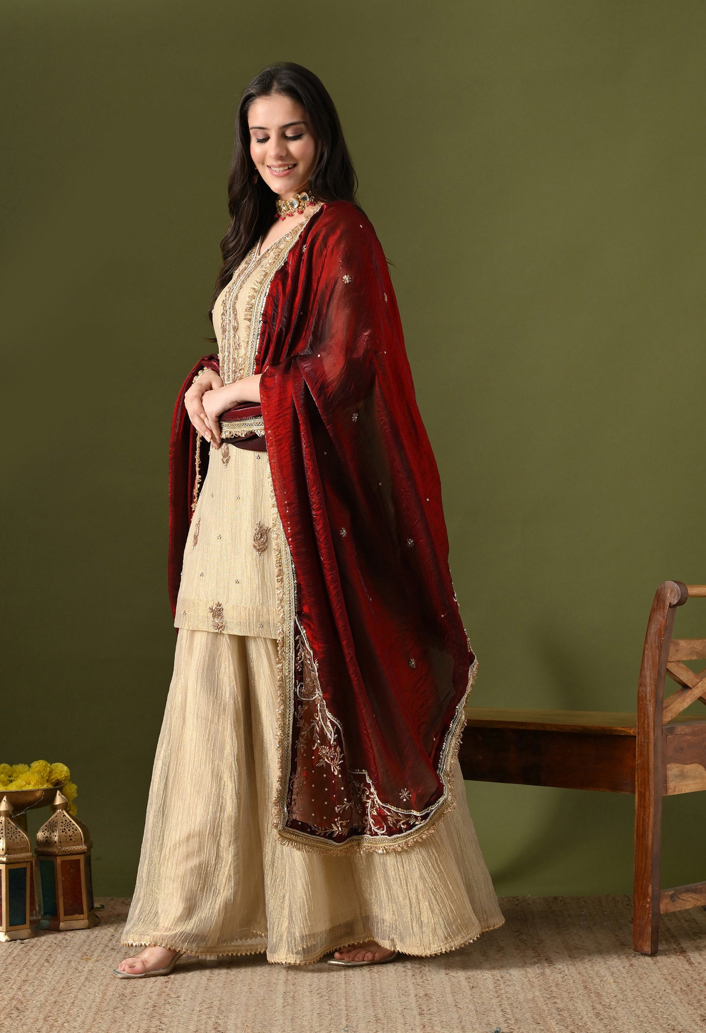Golden Crushed Tissue & Glass Silk Zardozi–Sequin–Pearl Sharara Set