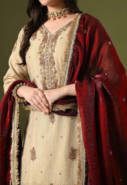 Golden Crushed Tissue & Glass Silk Zardozi–Sequin–Pearl Sharara Set