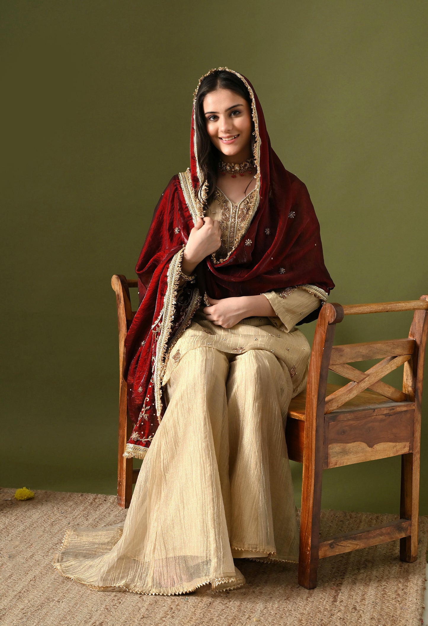 Golden Crushed Tissue & Glass Silk Zardozi–Sequin–Pearl Sharara Set