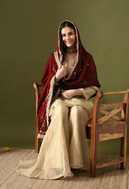 Golden Crushed Tissue & Glass Silk Zardozi–Sequin–Pearl Sharara Set