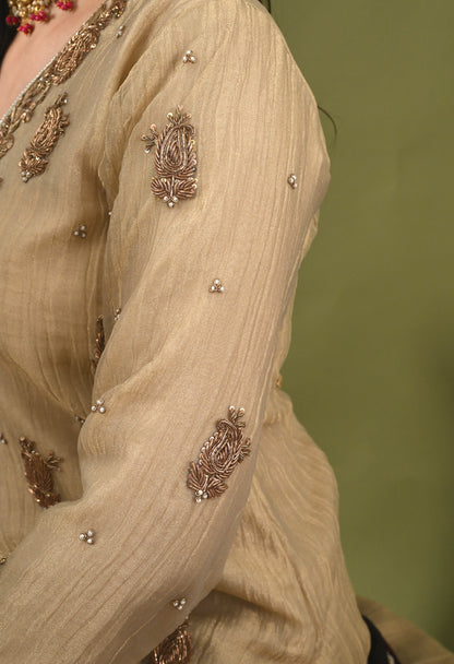 Golden Crushed Tissue & Glass Silk Zardozi–Sequin–Pearl Sharara Set