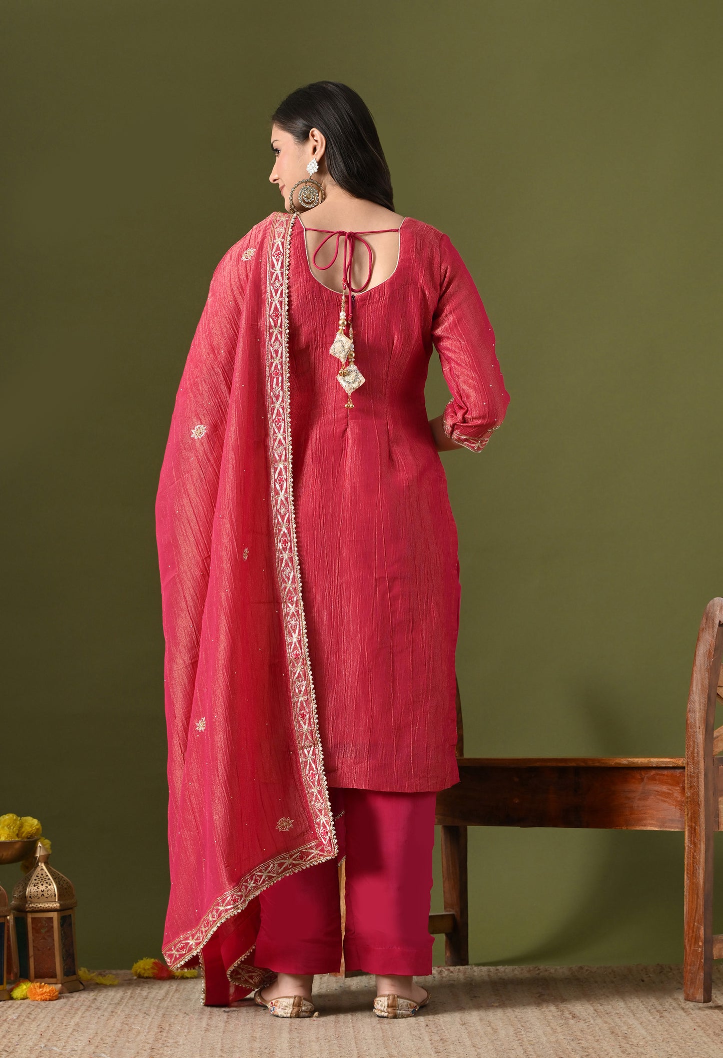 Pink Crushed Tissue Silk & Crepe Zardozi–Thread–Sequence–Pearl Kurta Set
