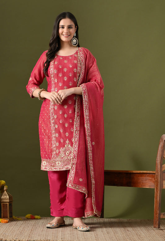 Pink Crushed Tissue Silk & Crepe Zardozi–Thread–Sequence–Pearl Kurta Set