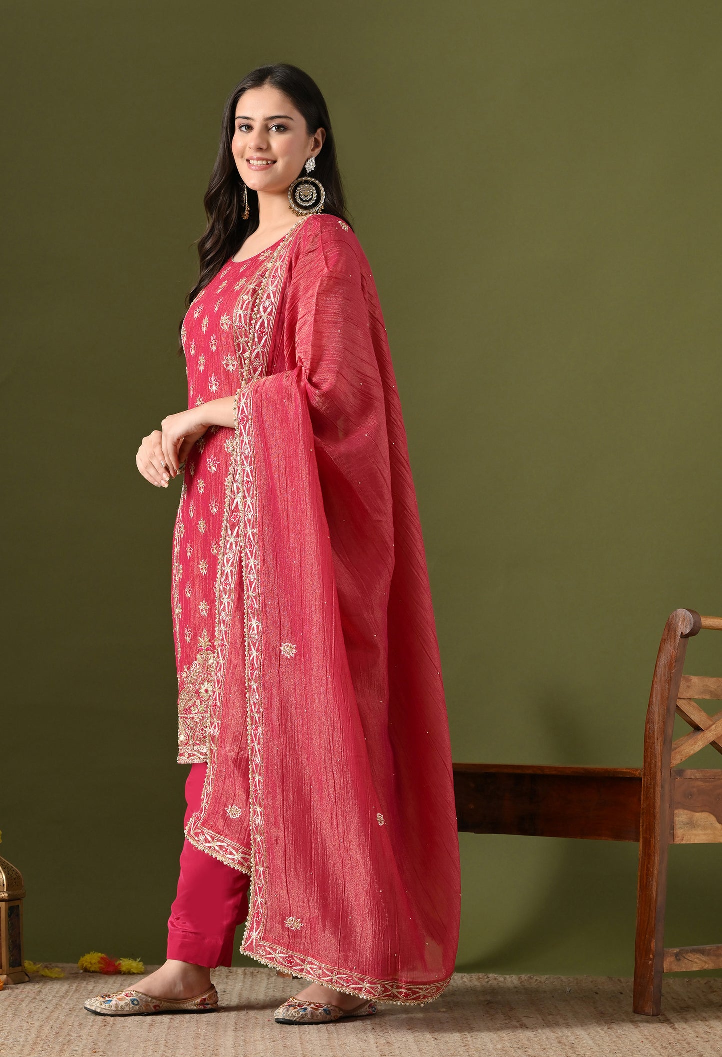 Pink Crushed Tissue Silk & Crepe Zardozi–Thread–Sequence–Pearl Kurta Set