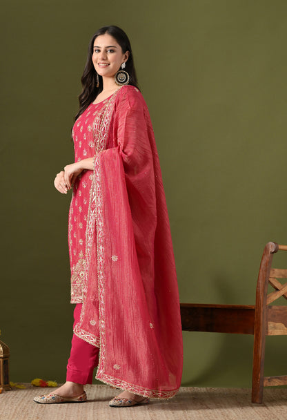 Pink Crushed Tissue Silk & Crepe Zardozi–Thread–Sequence–Pearl Kurta Set
