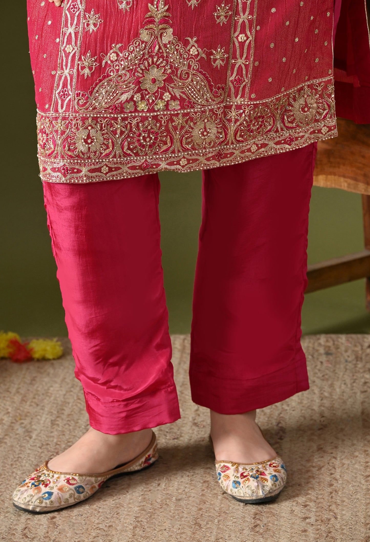 Pink Crushed Tissue Silk & Crepe Zardozi–Thread–Sequence–Pearl Kurta Set