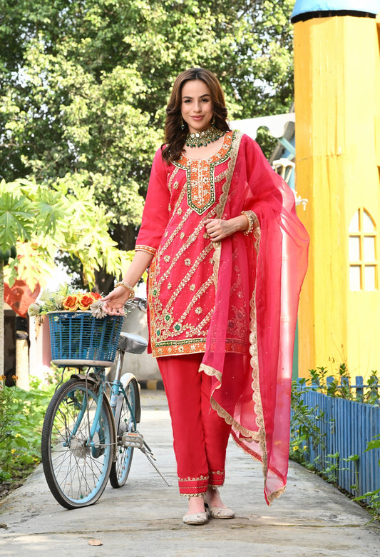 Red Organza Kurta Set with Gota Work