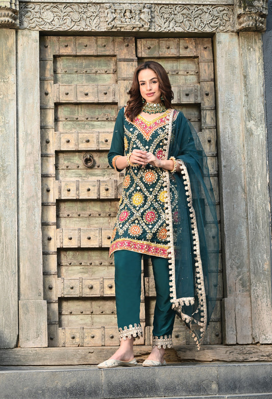 Green Net Kurta Set with Gota and Crystal Embellishments