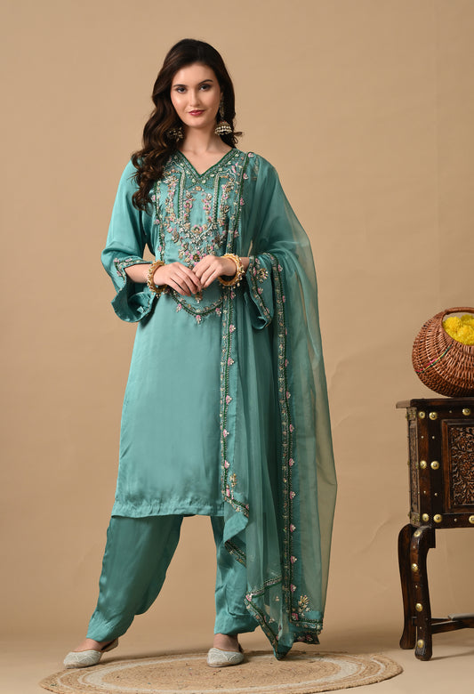 Green Satin Silk Kurta Set with Zardozi and Pearls