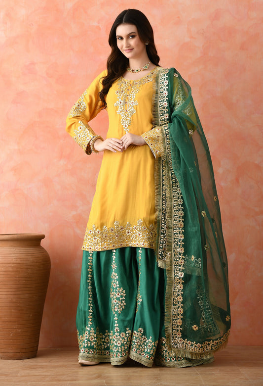 Yellow Gotta Sharara Set with Crystal Detailing