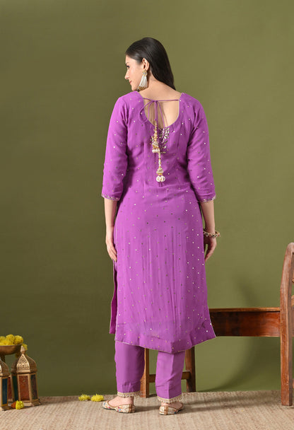 Lavender Purple Georgette & Crepe Mukaish Kurta Set