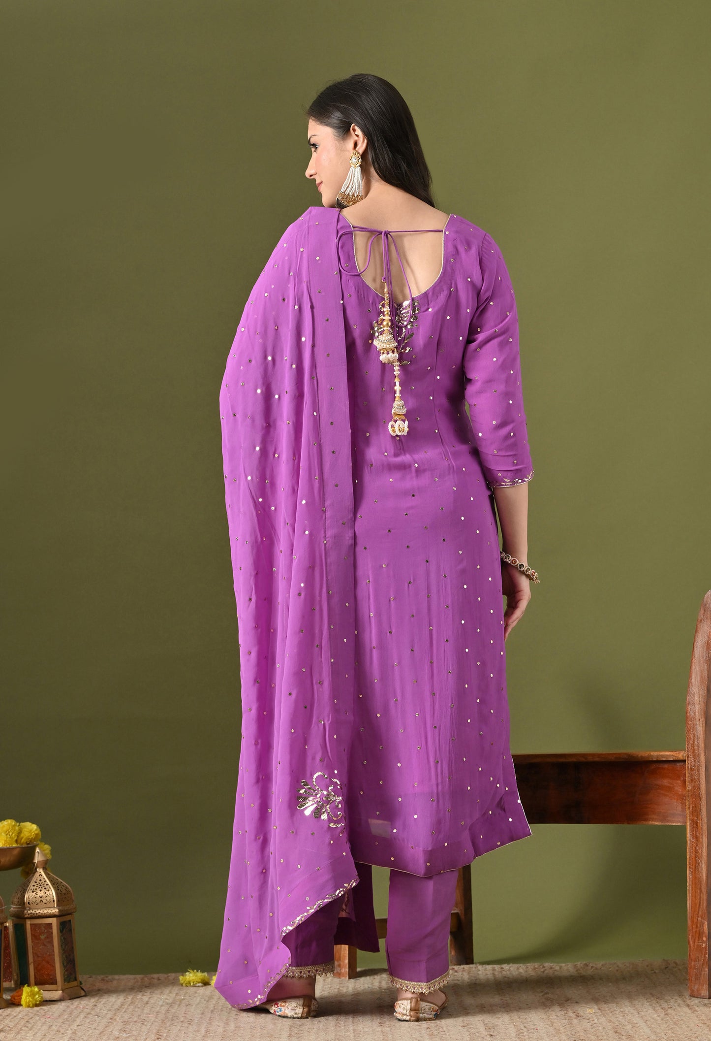 Lavender Purple Georgette & Crepe Mukaish Kurta Set