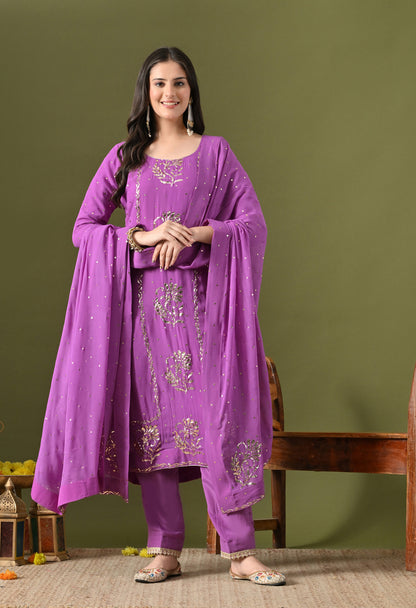 Lavender Purple Georgette & Crepe Mukaish Kurta Set