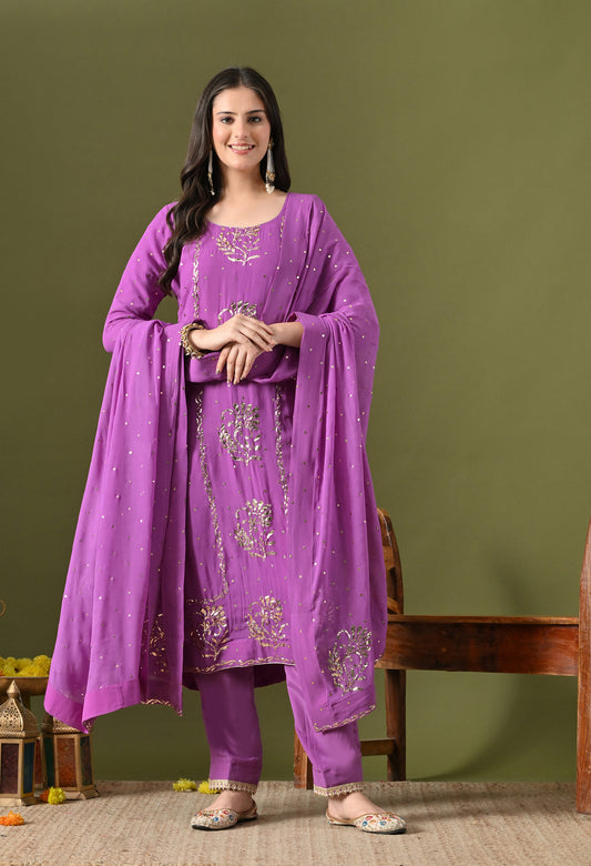 Lavender Purple Georgette & Crepe Mukaish Kurta Set