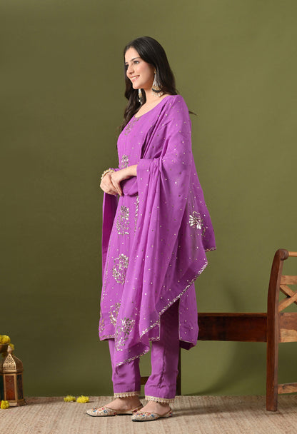Lavender Purple Georgette & Crepe Mukaish Kurta Set