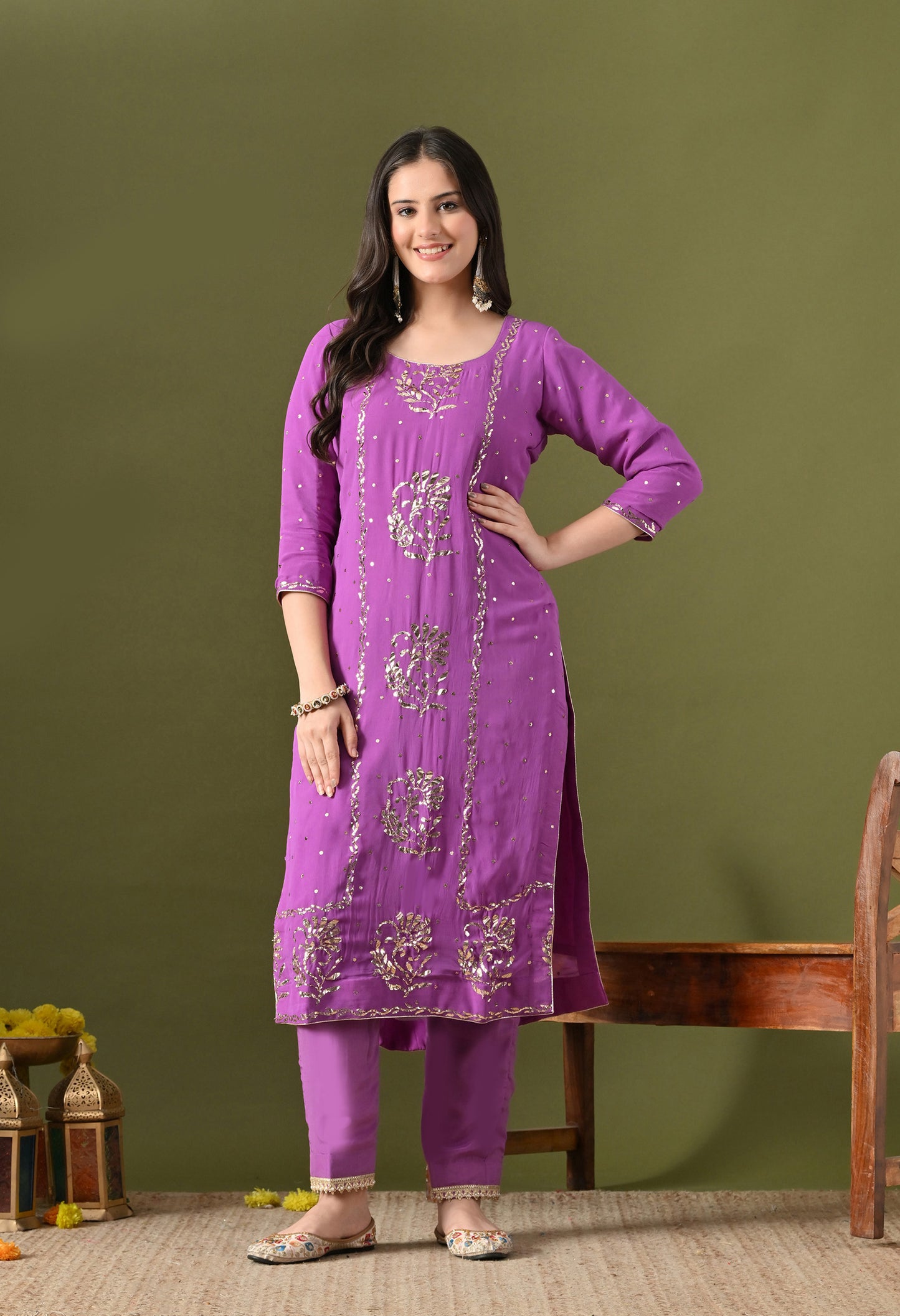 Lavender Purple Georgette & Crepe Mukaish Kurta Set