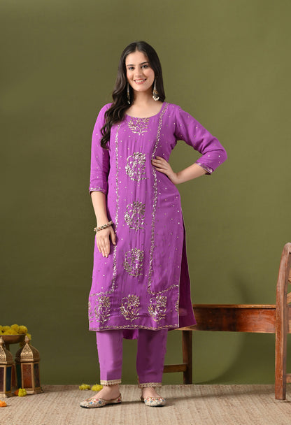 Lavender Purple Georgette & Crepe Mukaish Kurta Set
