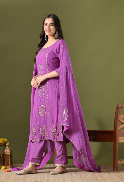 Lavender Purple Georgette & Crepe Mukaish Kurta Set
