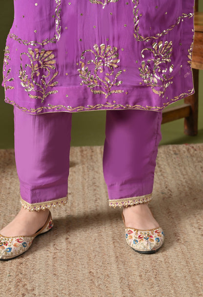 Lavender Purple Georgette & Crepe Mukaish Kurta Set