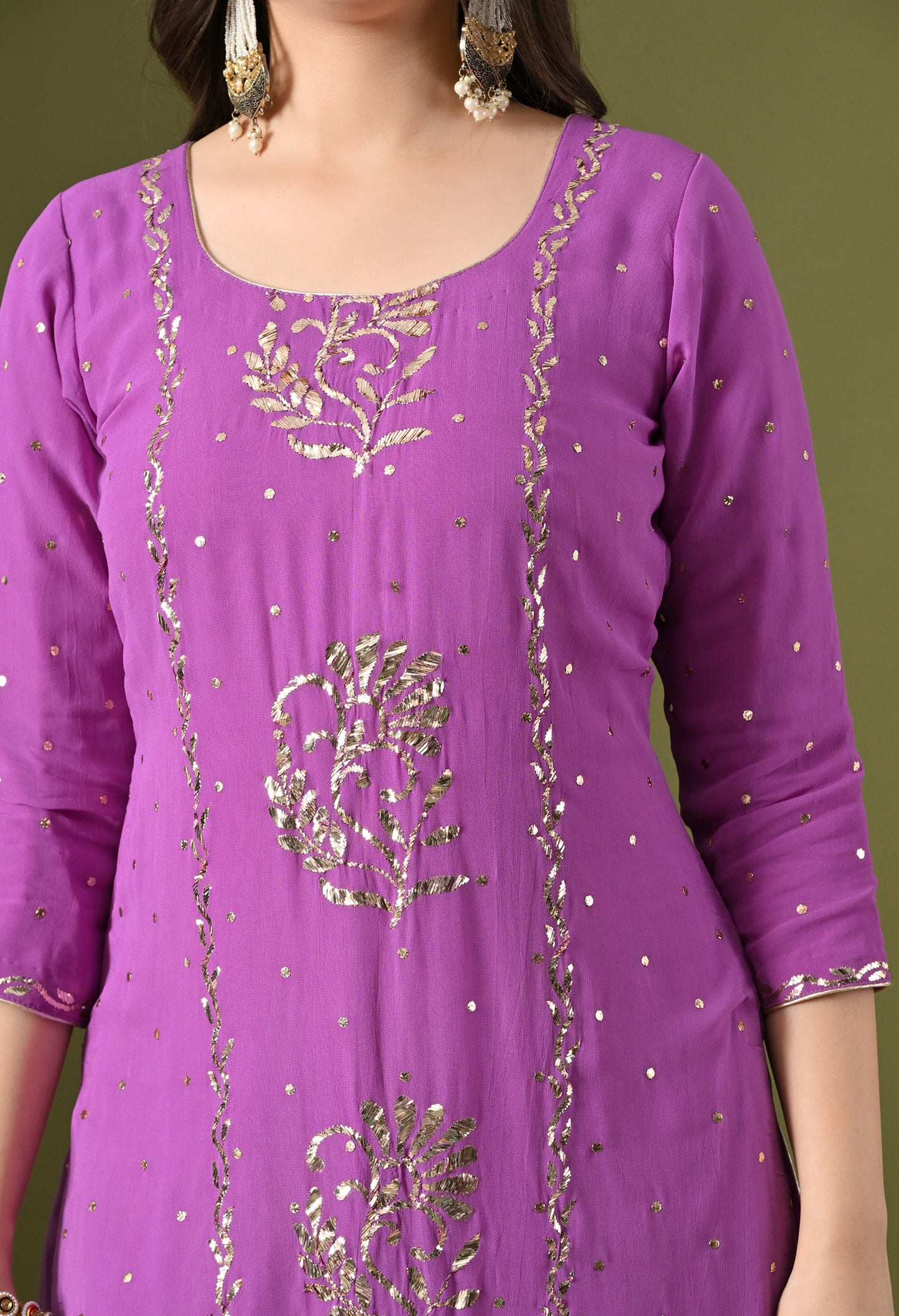 Lavender Purple Georgette & Crepe Mukaish Kurta Set