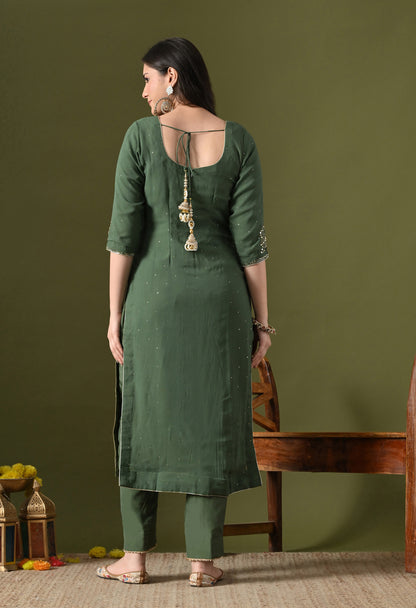 Mehndi Green Georgette & Crepe Mukaish Kurta Set