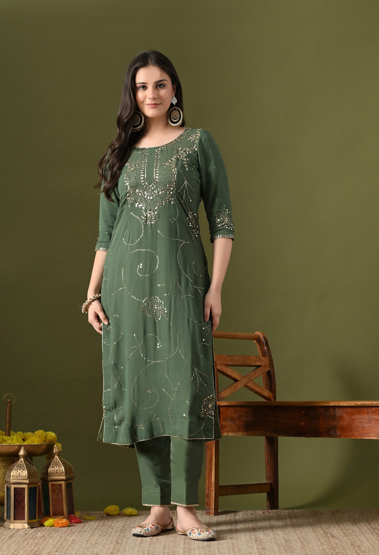 Mehndi Green Georgette & Crepe Mukaish Kurta Set