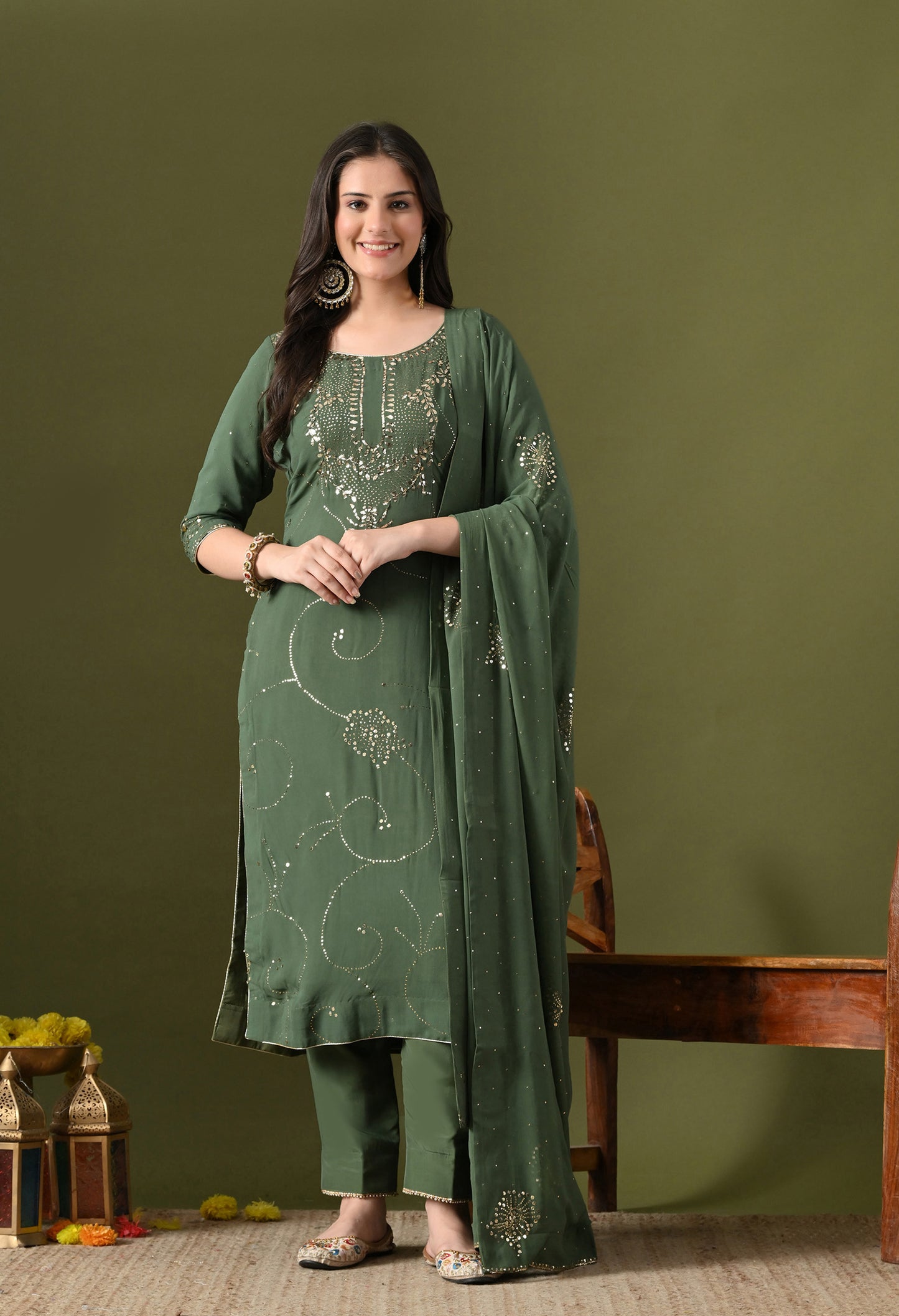 Mehndi Green Georgette & Crepe Mukaish Kurta Set